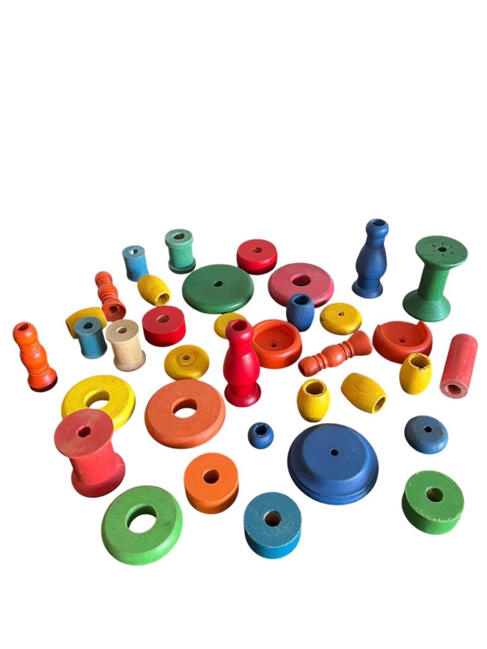 Vintage Wooden Toy Pieces Colorful Rings Beads Spools Educational 36 Pc